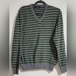 Zara Green and Gray V-Neck Sweater with Ribbed Trim